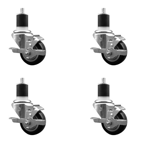 Service Caster 3'' Black Poly Swivel 1-7/8'' Expanding Stem Caster Set with Brake, 4PK SCC-EX20S314-PPUB-BLK-TLB-178-4